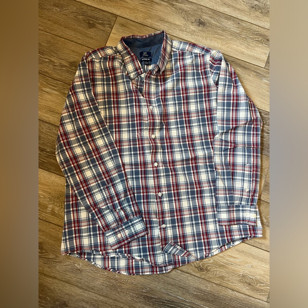 George Mens XL 46-48 Red Plaid Classic Fit Long Sleeve Button Shirt